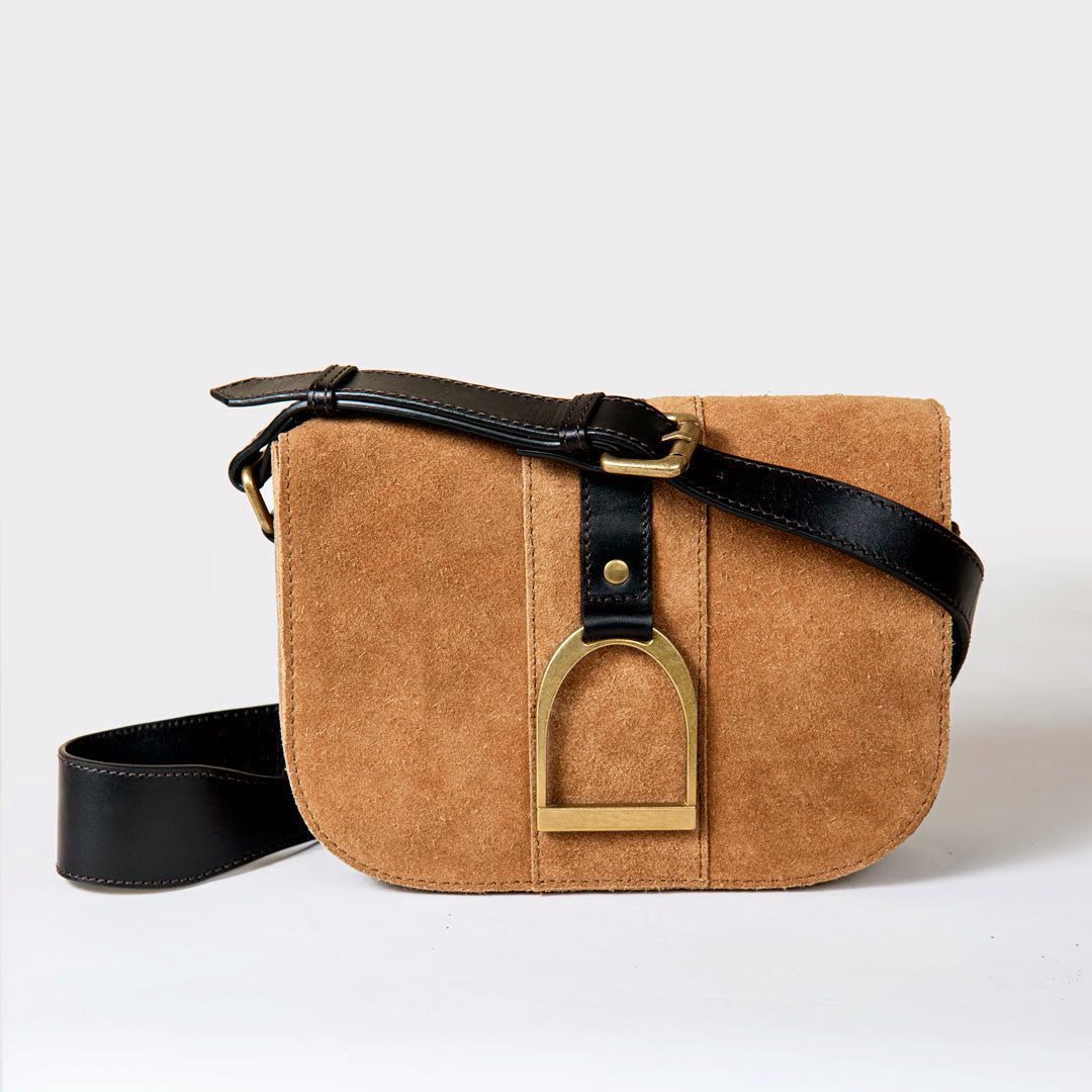 Urban Equestrian Signature Stirrup - Riding Stirrup Crossbody Luxury Leather Handbag in Black on Chestnut