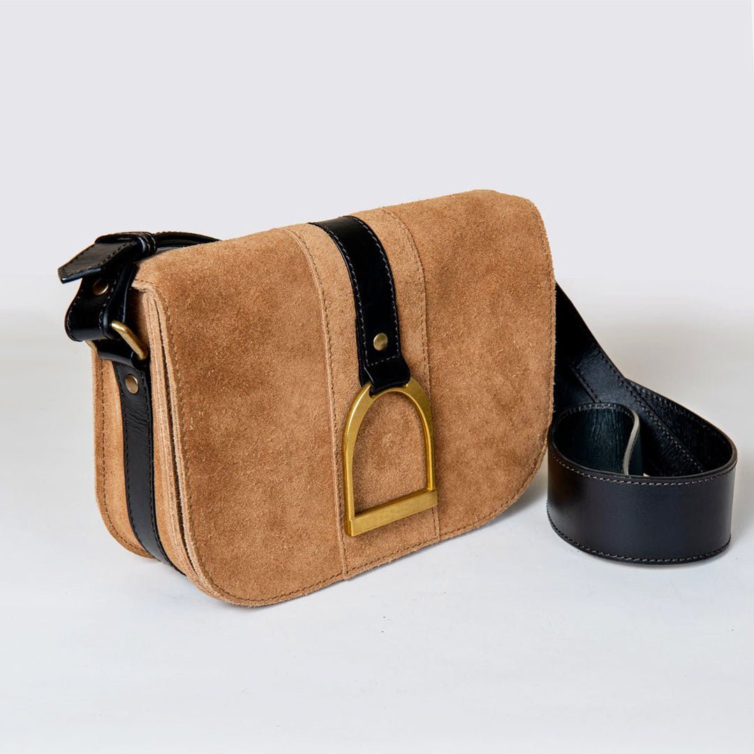 Urban Equestrian Signature Stirrup - Riding Stirrup Crossbody Luxury Leather Handbag in Black on Chestnut