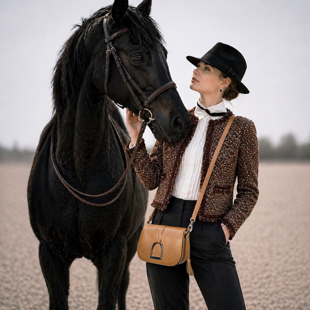 Urban Equestrian Signature Stirrup - Riding Stirrup Crossbody Luxury Leather Handbag in Caramel