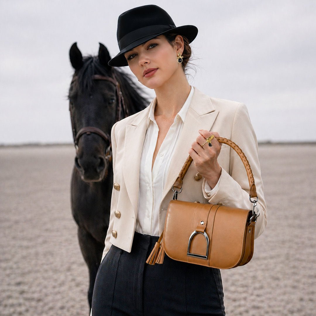 Urban Equestrian Signature Stirrup - Riding Stirrup Crossbody Luxury Leather Handbag in Caramel