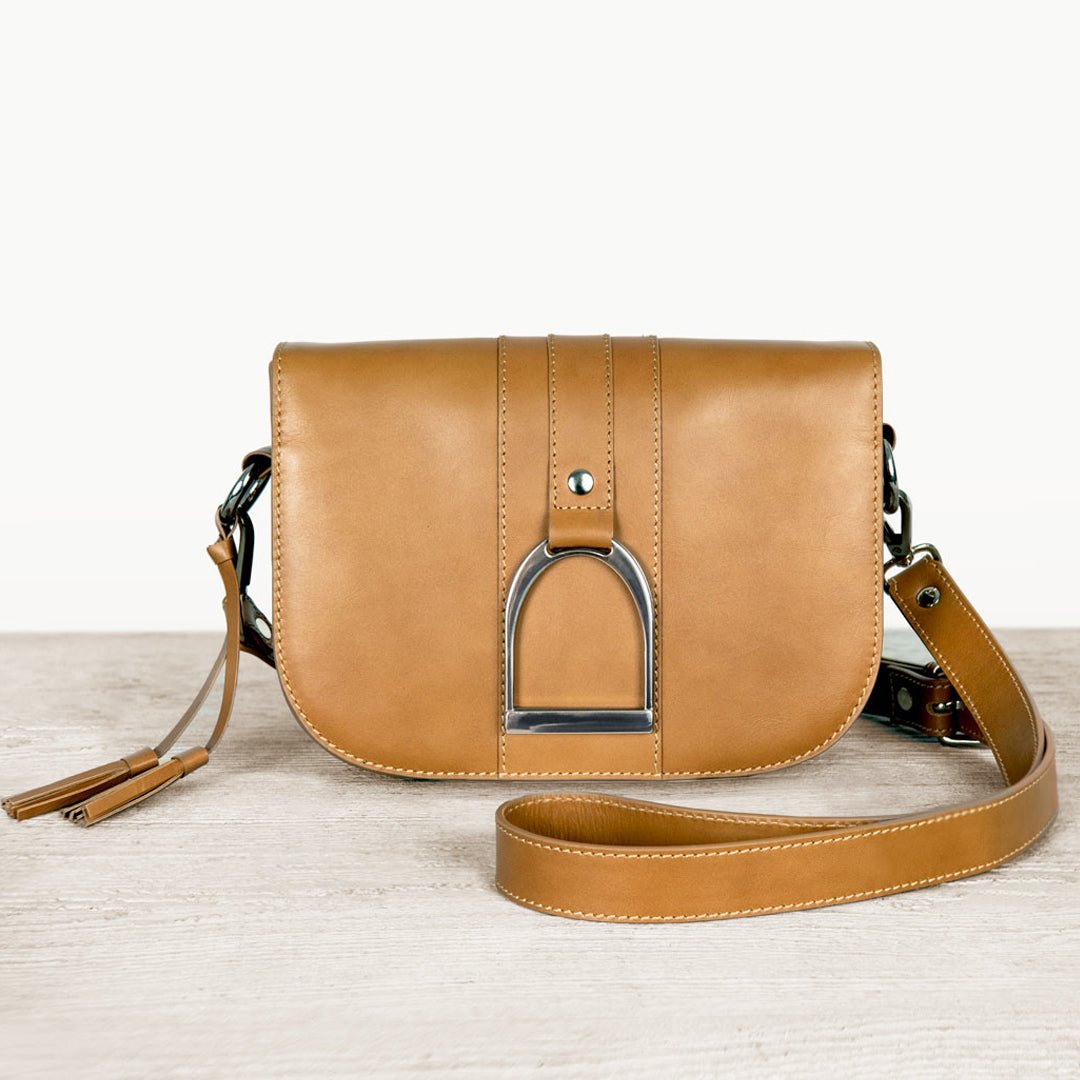 Urban Equestrian Signature Stirrup - Riding Stirrup Crossbody Luxury Leather Handbag in Caramel