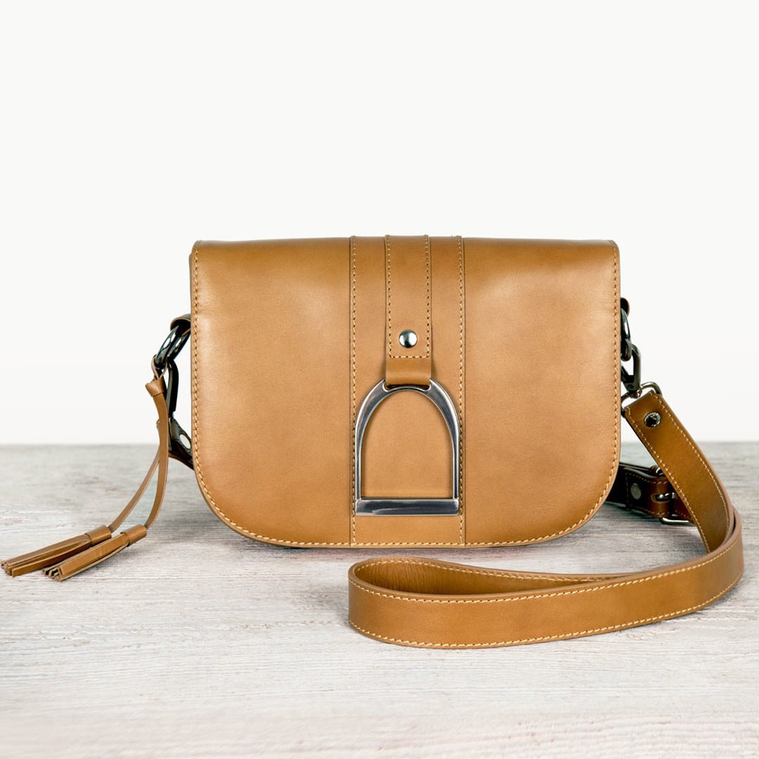 Urban Equestrian Signature Stirrup - Riding Stirrup Crossbody Luxury Leather Handbag in Caramel