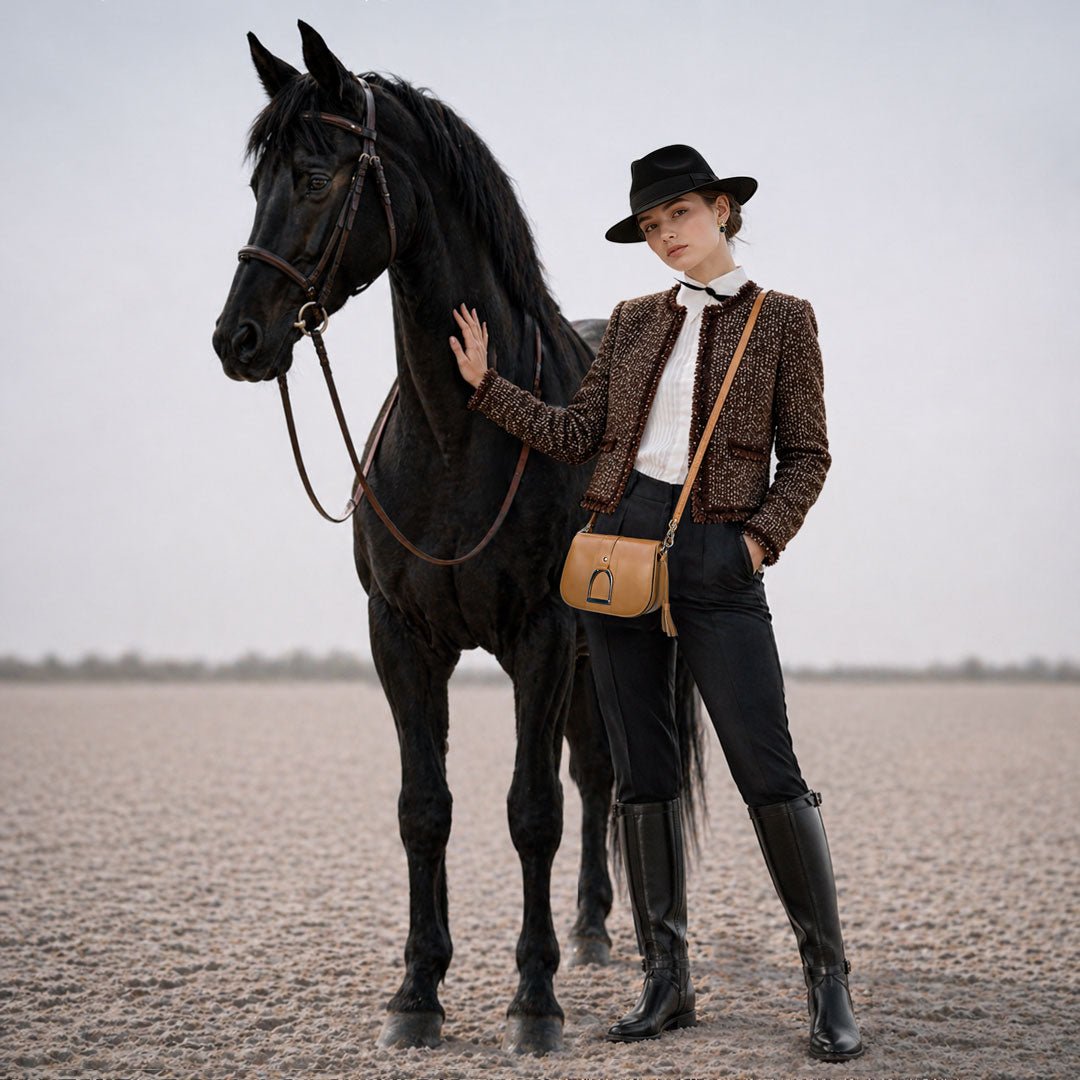 Urban Equestrian Signature Stirrup - Riding Stirrup Crossbody Luxury Leather Handbag in Caramel