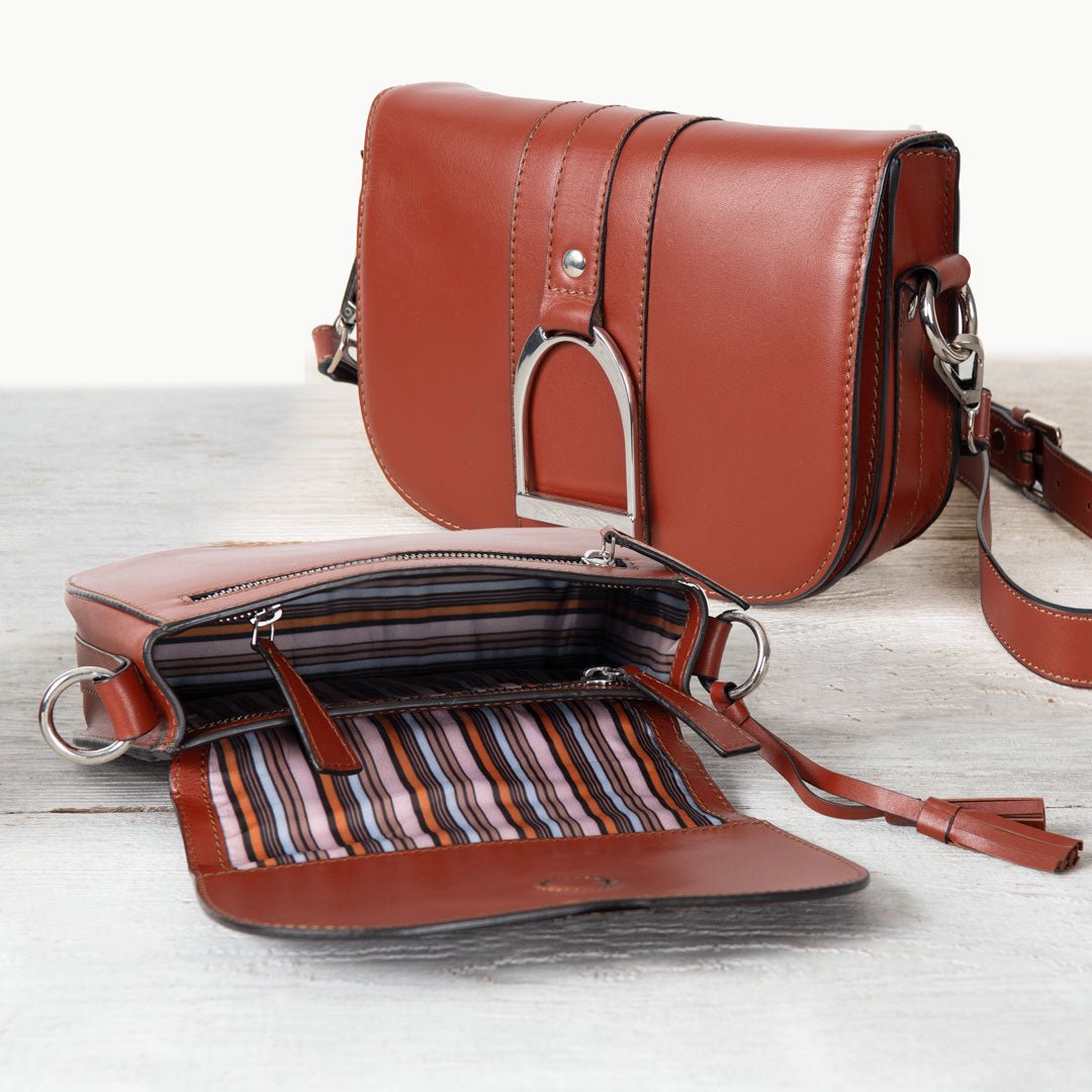 Urban Equestrian Signature Stirrup - Riding Stirrup Crossbody Luxury Leather Handbag in Cognac