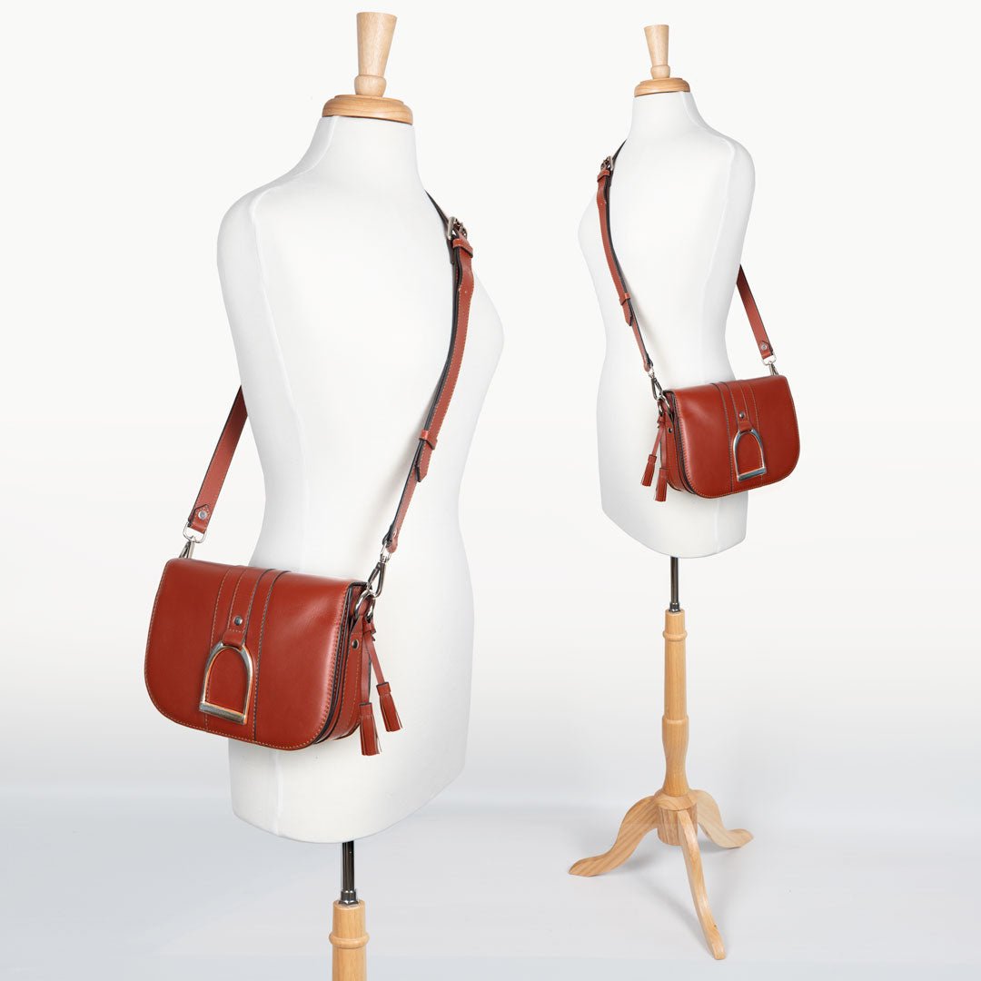 Urban Equestrian Signature Stirrup - Riding Stirrup Crossbody Luxury Leather Handbag in Cognac