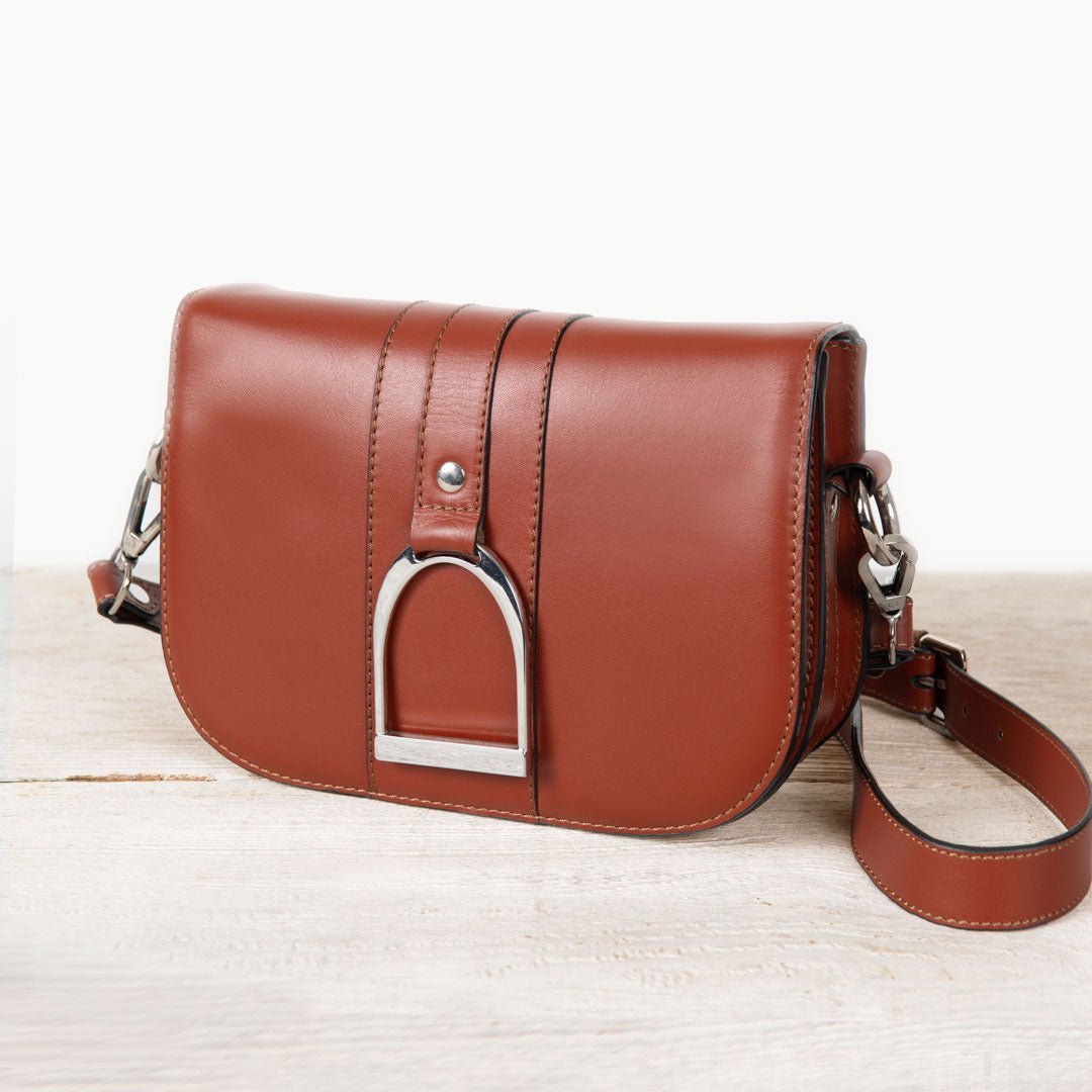 Urban Equestrian Signature Stirrup - Riding Stirrup Crossbody Luxury Leather Handbag in Cognac