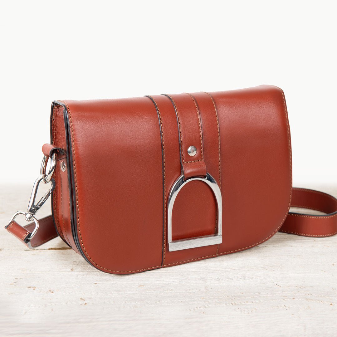 Urban Equestrian Signature Stirrup - Riding Stirrup Crossbody Luxury Leather Handbag in Cognac