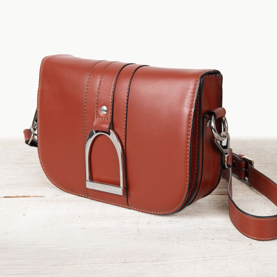Urban Equestrian Signature Stirrup - Riding Stirrup Crossbody Luxury Leather Handbag in Cognac