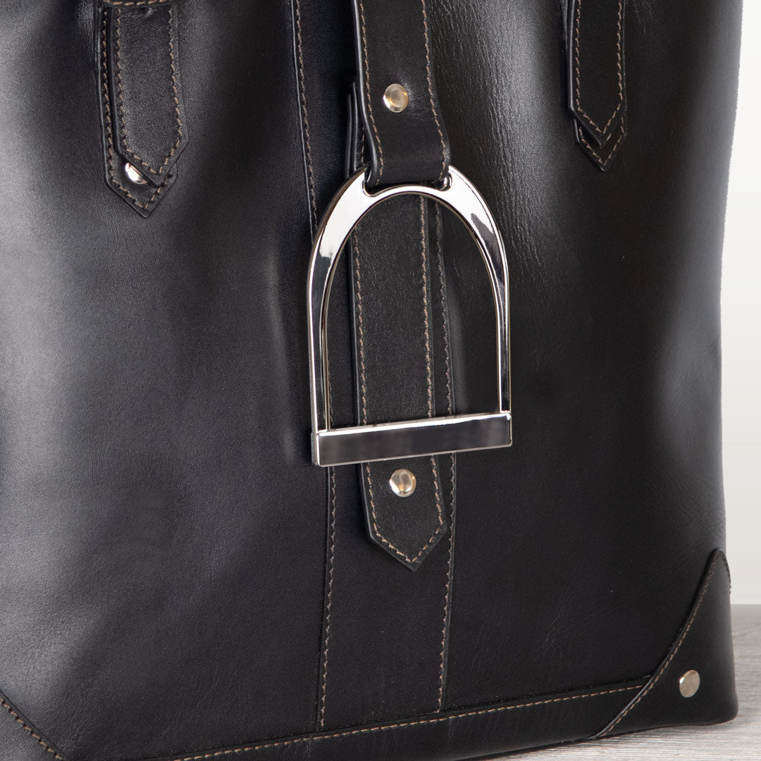 Urban Equestrian Signature - Riding Stirrup Tote Luxury Leather Handbag in Black