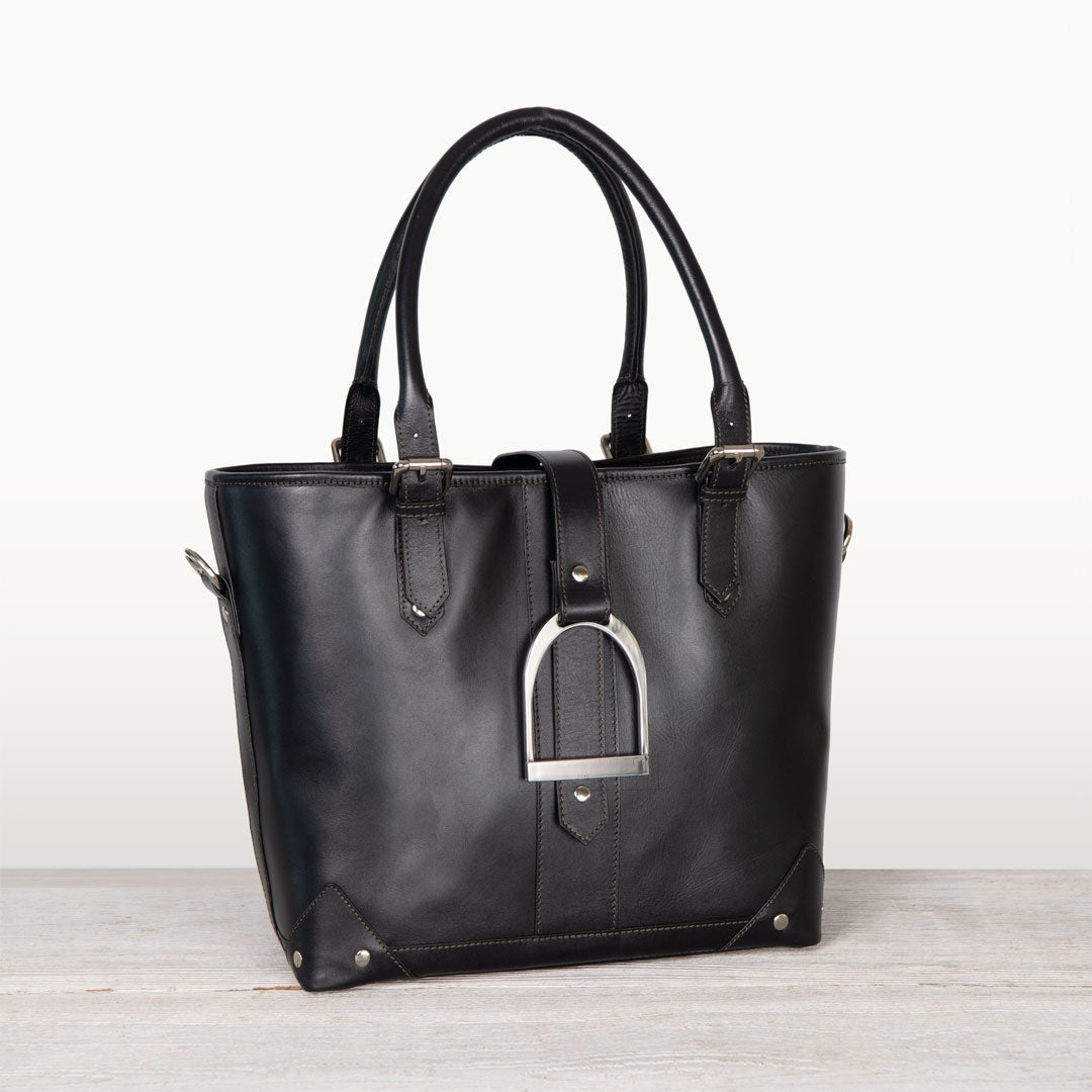 Urban Equestrian Signature - Riding Stirrup Tote Luxury Leather Handbag in Black