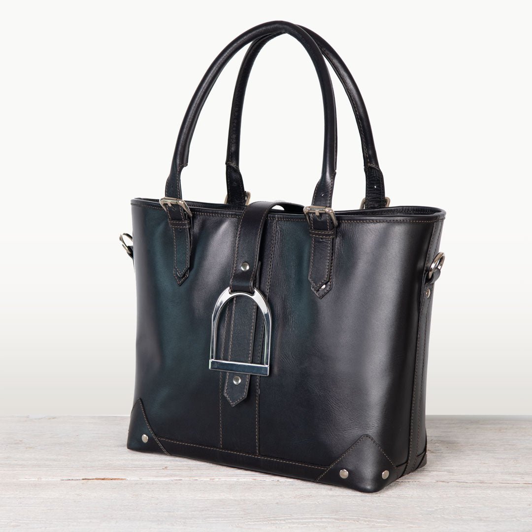 Urban Equestrian Signature - Riding Stirrup Tote Luxury Leather Handbag in Black