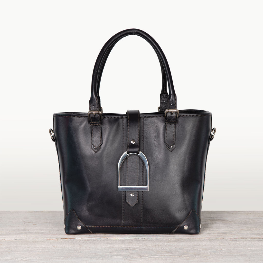 Urban Equestrian Signature - Riding Stirrup Tote Luxury Leather Handbag in Black