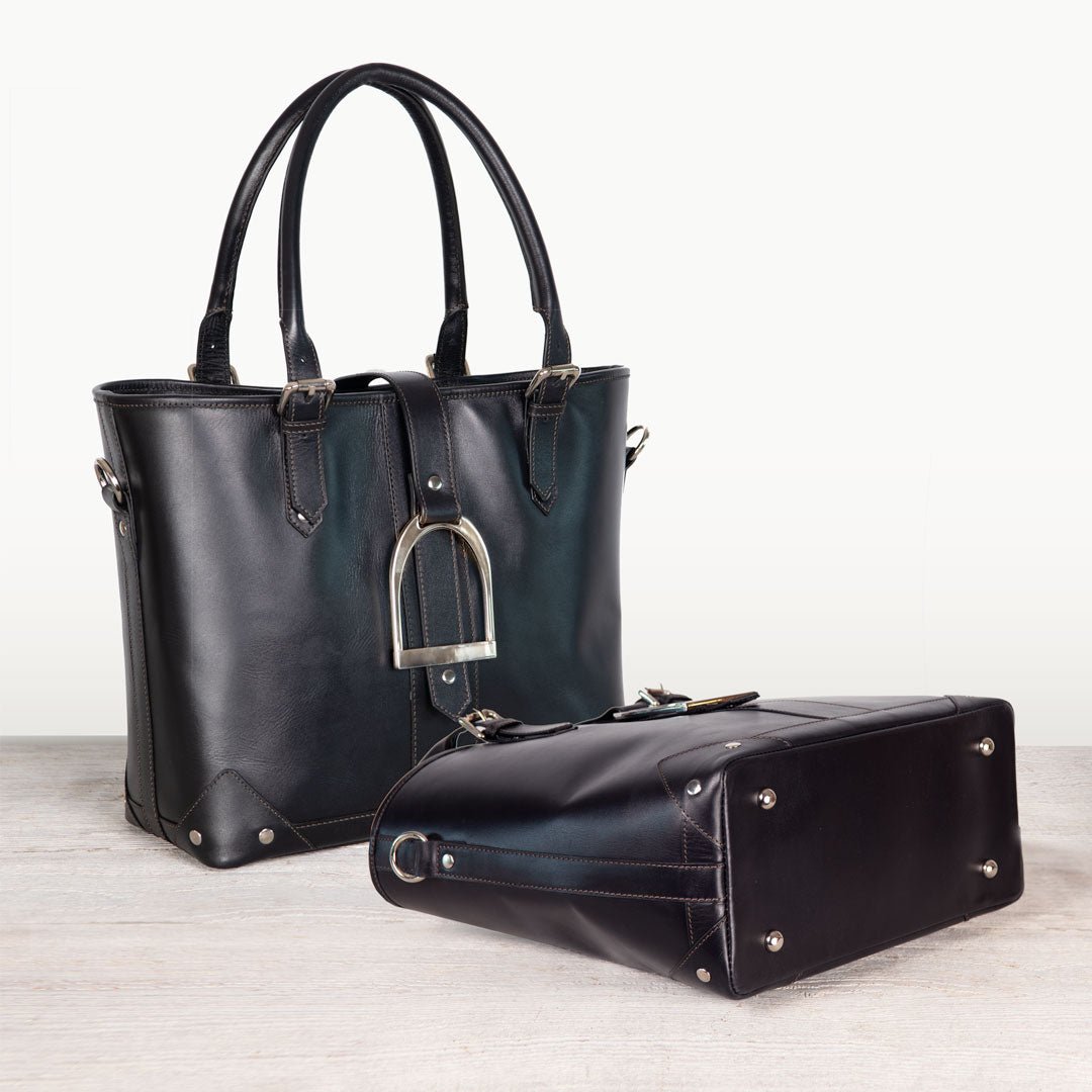 Urban Equestrian Signature - Riding Stirrup Tote Luxury Leather Handbag in Black