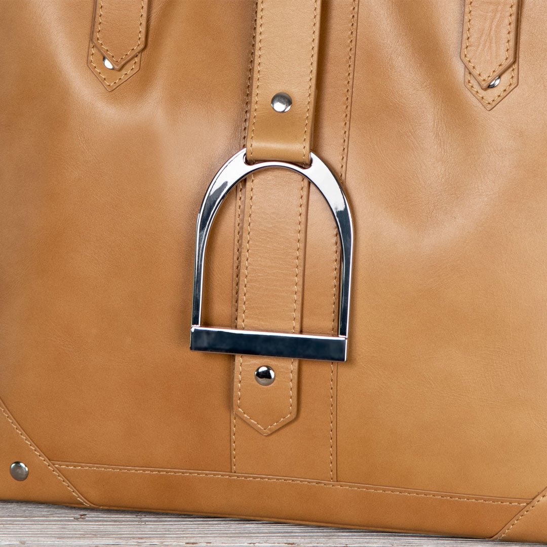 Urban Equestrian Signature - Riding Stirrup Tote Luxury Leather Handbag in Caramel