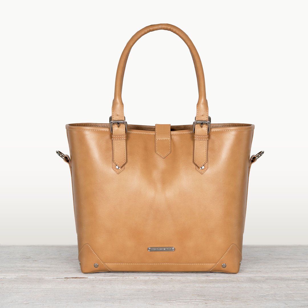 Urban Equestrian Signature - Riding Stirrup Tote Luxury Leather Handbag in Caramel