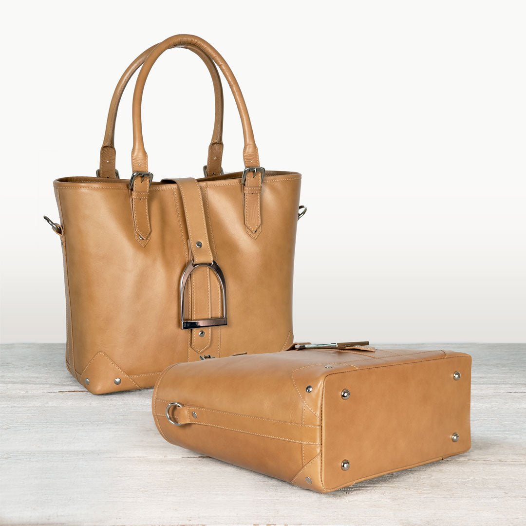 Urban Equestrian Signature - Riding Stirrup Tote Luxury Leather Handbag in Caramel