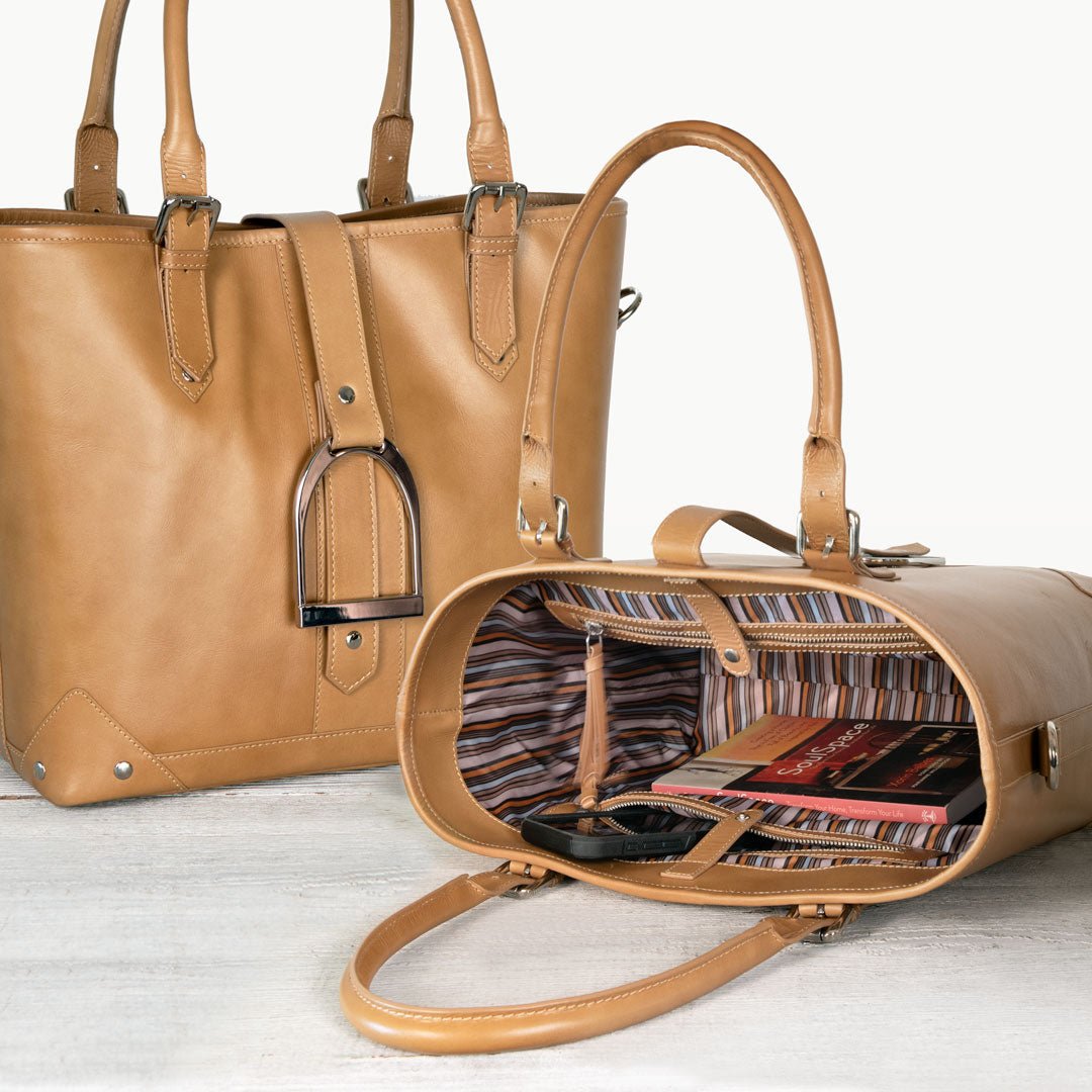 Urban Equestrian Signature - Riding Stirrup Tote Luxury Leather Handbag in Caramel