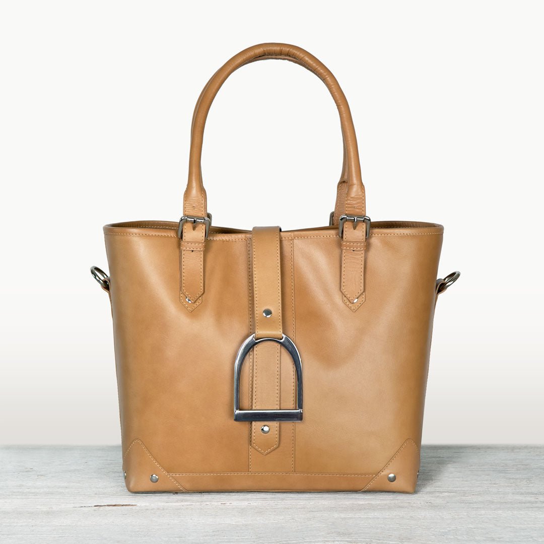 Urban Equestrian Signature - Riding Stirrup Tote Luxury Leather Handbag in Caramel