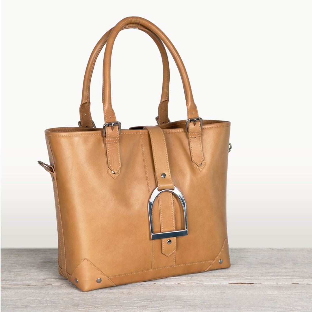Urban Equestrian Signature - Riding Stirrup Tote Luxury Leather Handbag in Caramel