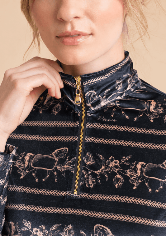 Rönner - Velvet Stretch Q-zip Pullover | Dancing Horses Print | Noir | Long Sleeve